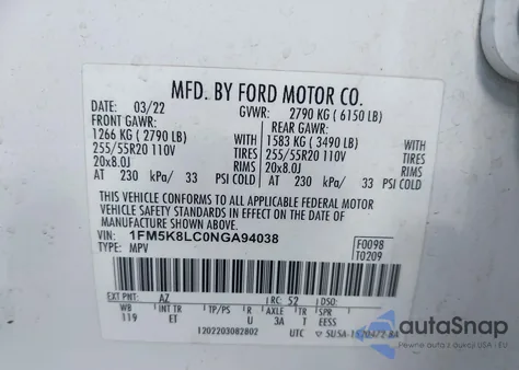 2022 Ford Explorer King Ranch из США, поврежденный, VIN 1FM5K8LC0NGA94038